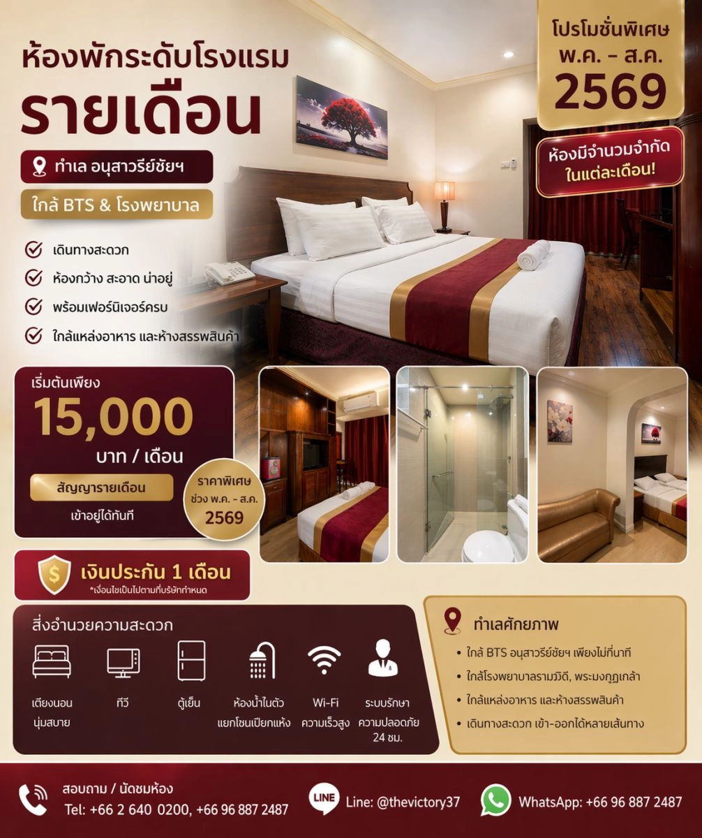 ห้องพักระดับโรงแรม รายเดือน ทำเล อนุสาวรีย์ชัยฯ ใกล้ BTS & โรงพยาบาล